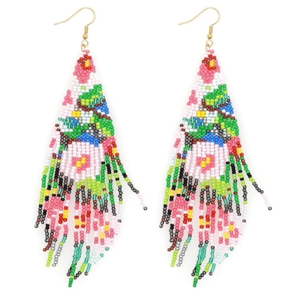 Flower Bohemian Seed Bead Tassel Dangling Statement French Wire Hook Earrings